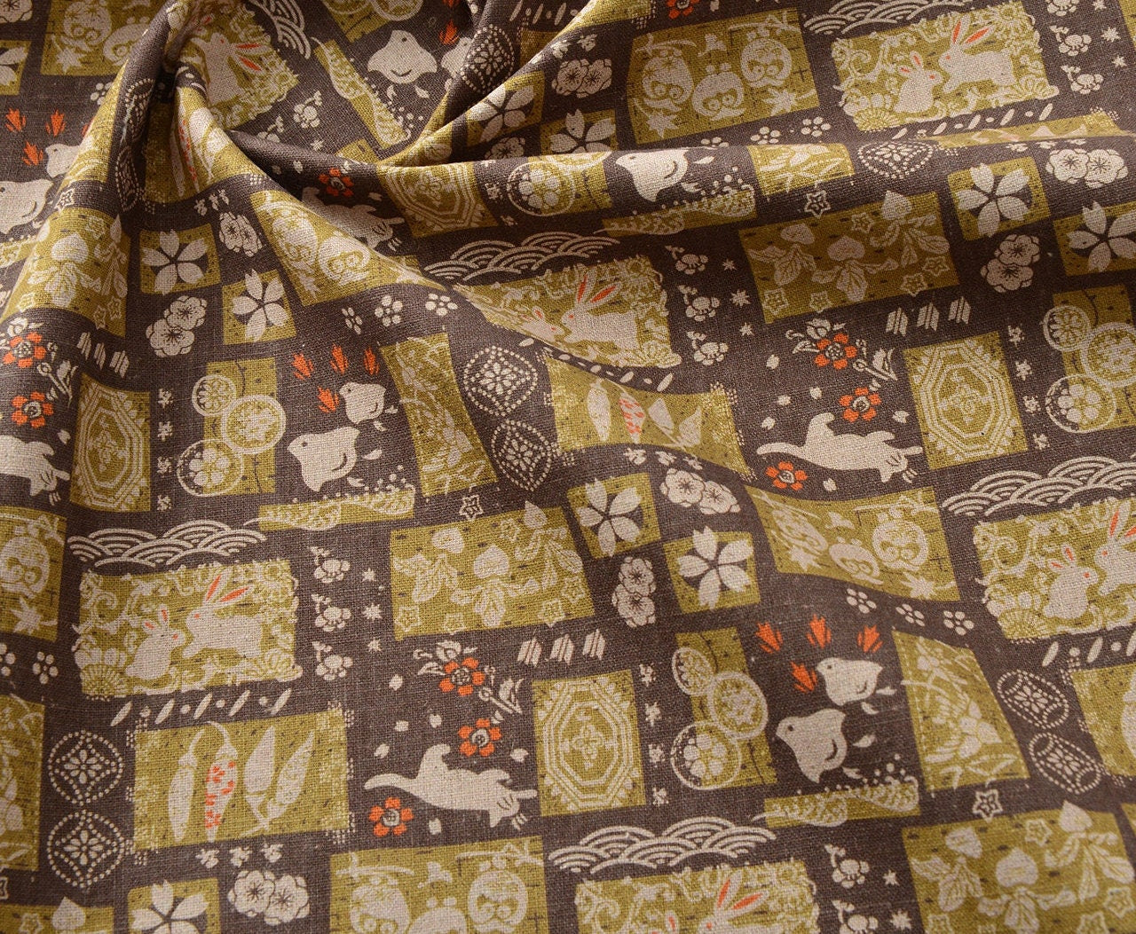 Japanese Cotton Linen Fabric: Patchwork Print for Sewing & Upholstery