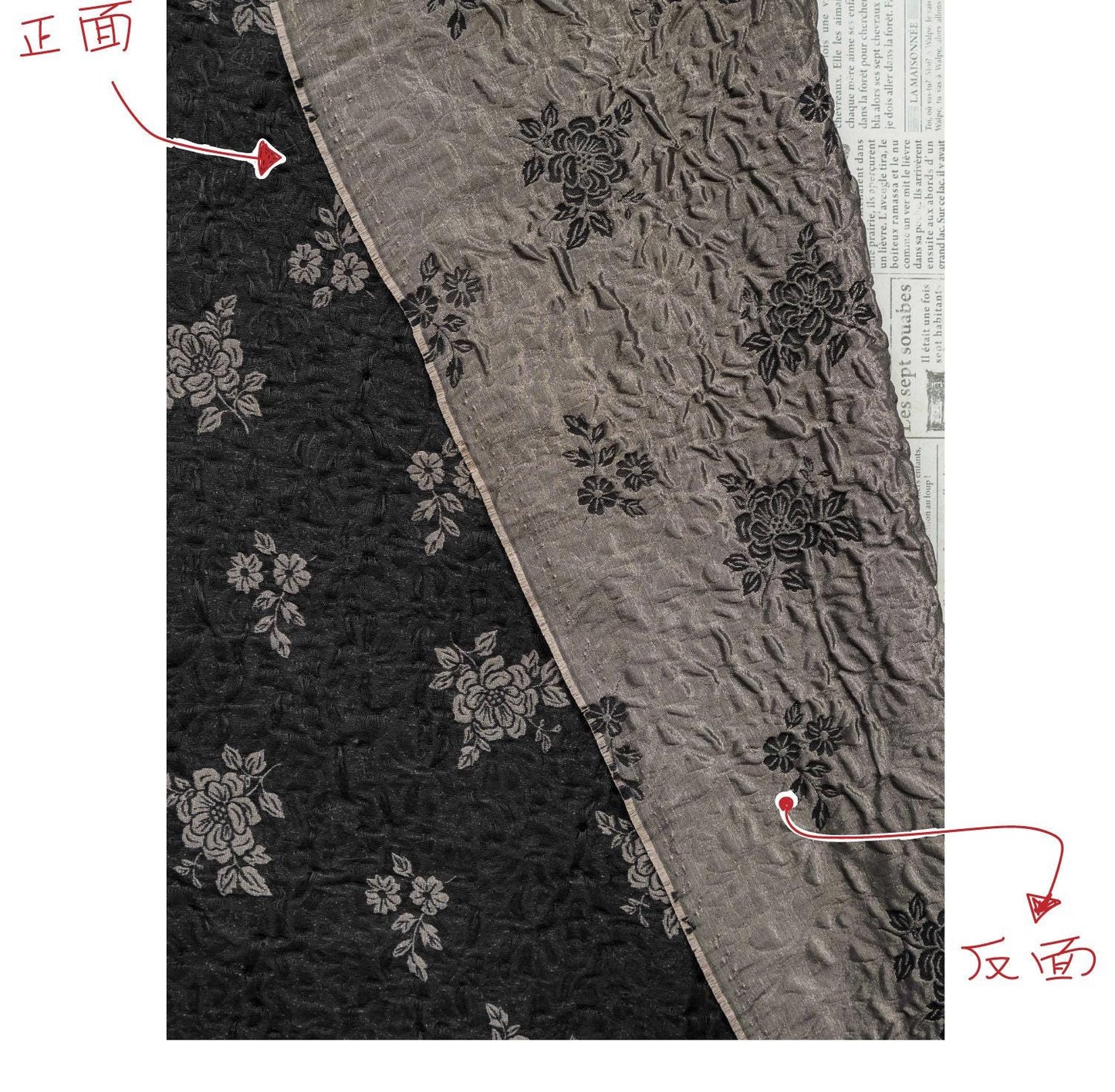 Embossed Jacquard Fabric: Black with Brown Floral Design, 59" Wide