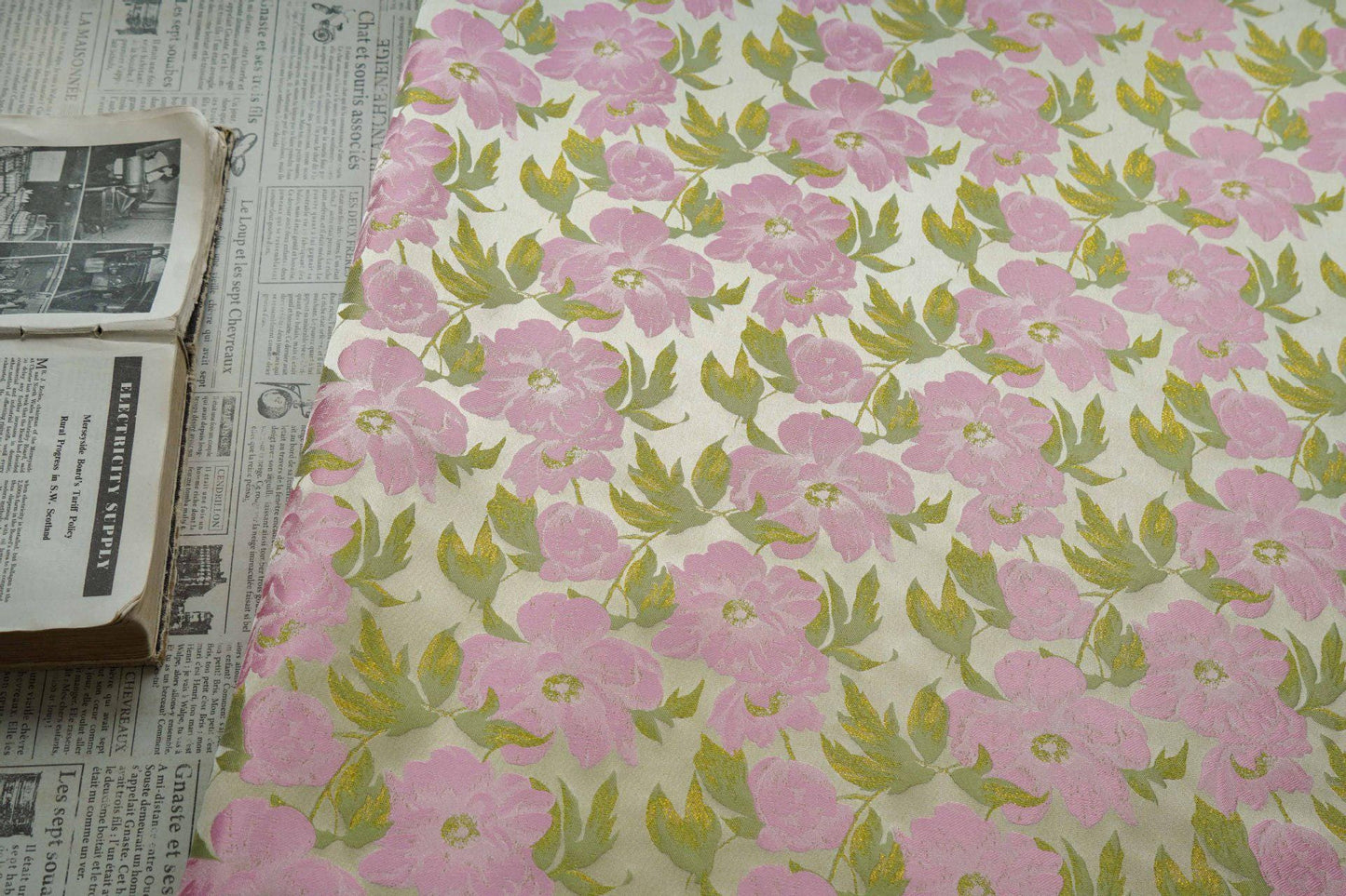 Romantic French Floral Jacquard Fabric with Gold Threads, 65"Wide