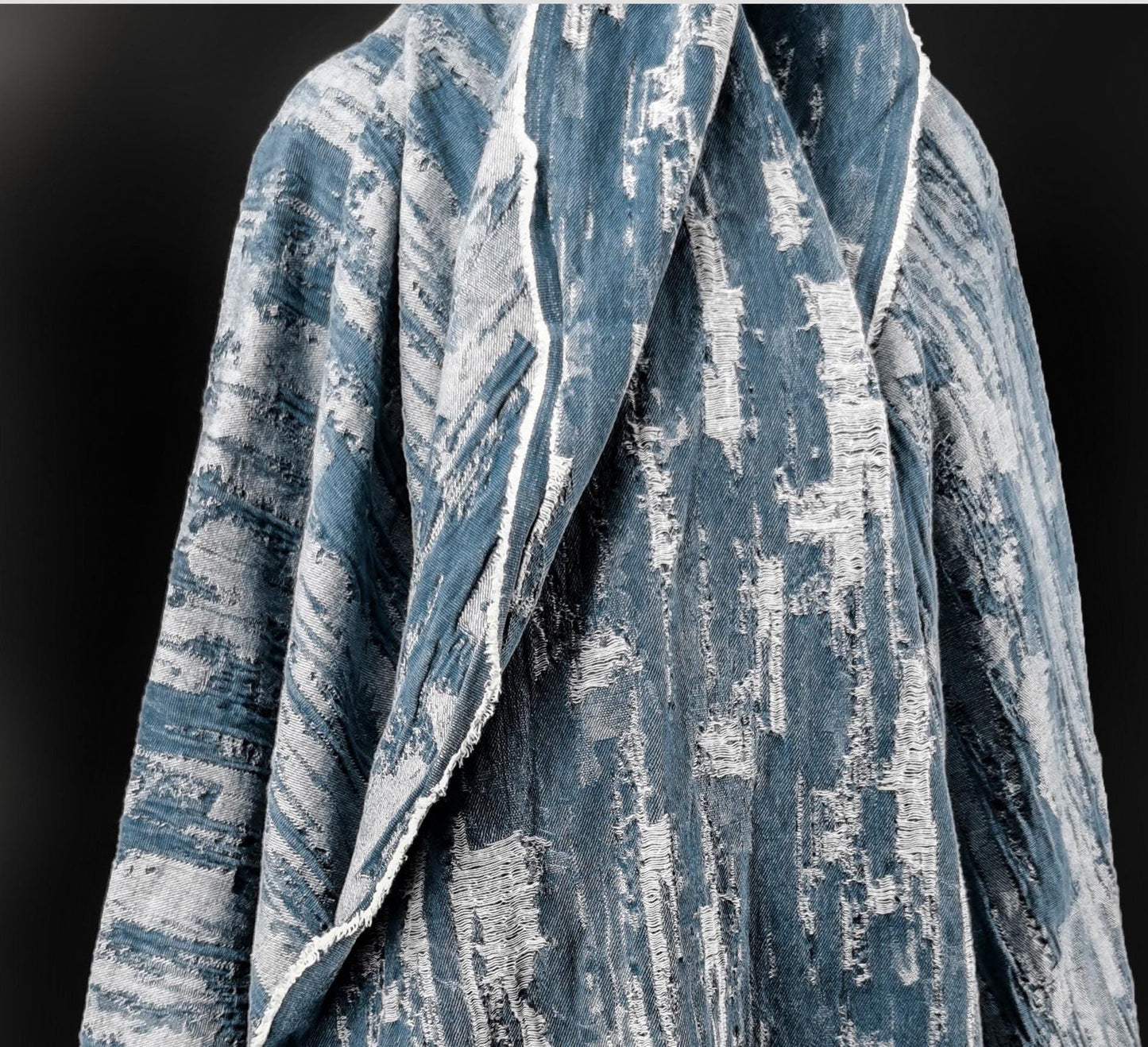 Blue Distressed Denim Jacquard Fabric: Washed Textured Design, 55"W