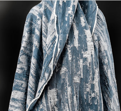 Blue Distressed Denim Jacquard Fabric: Washed Textured Design, 55"W