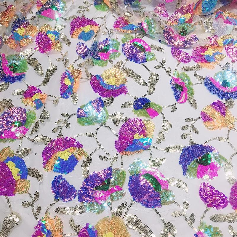 49"W Iridescent Sequin Floral Fabric ��� Colorful Big Flower Embroidery ��� Elegant Fashion Dress & G