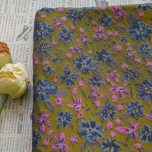 Embossed Floral Fabric: Cottagecore Blue & Pink Vintage Cloth, 63" Wide