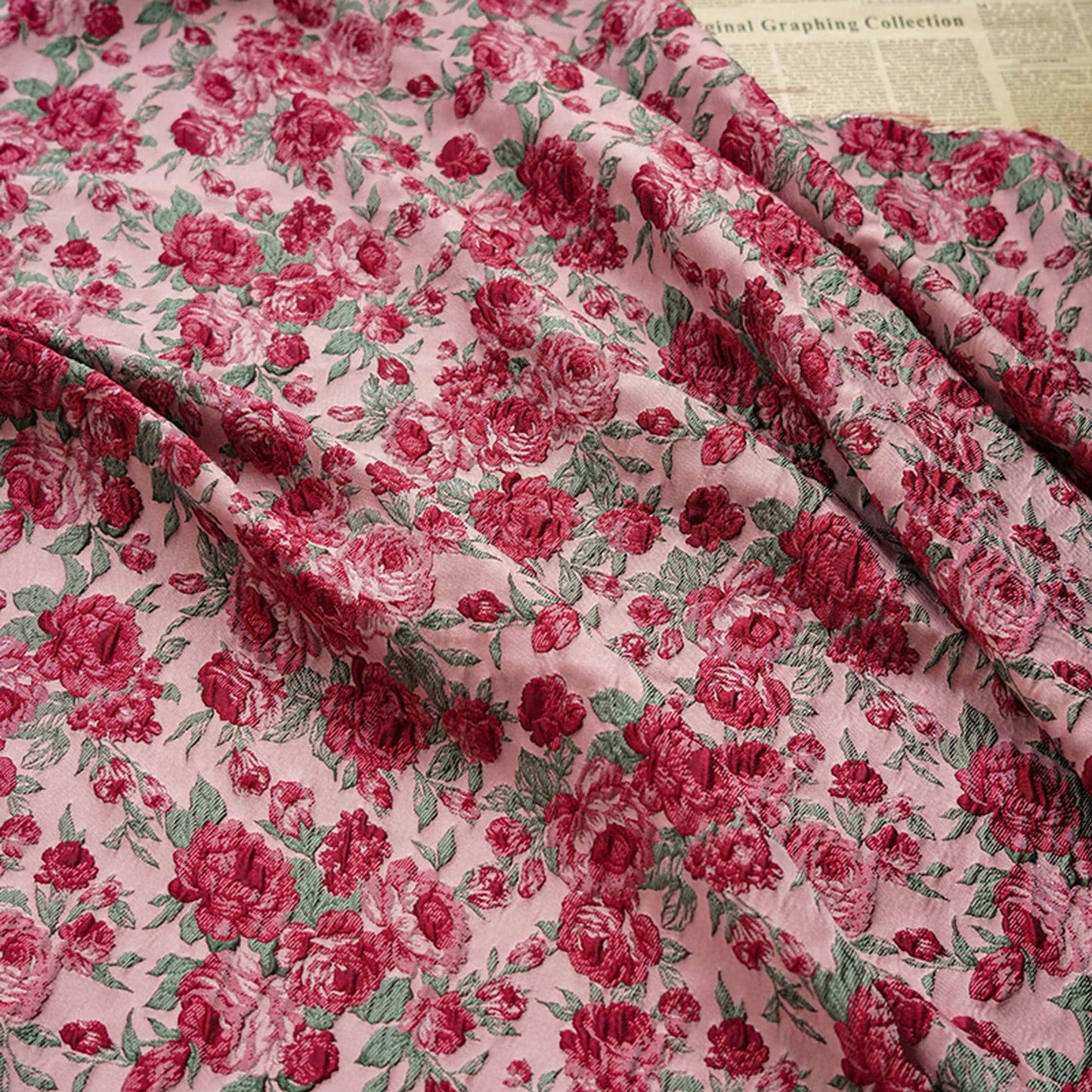 Red Rose Floral Brocade Fabric ��� Embossed Jacqua" Wide