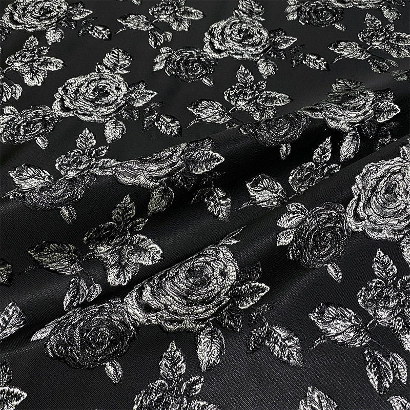 Black Jacquard Fabric: Embossed Peony Flower Design, 55" Wide