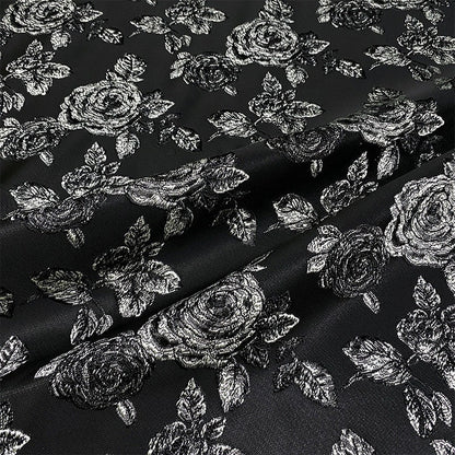 Black Jacquard Fabric: Embossed Peony Flower Design, 55" Wide