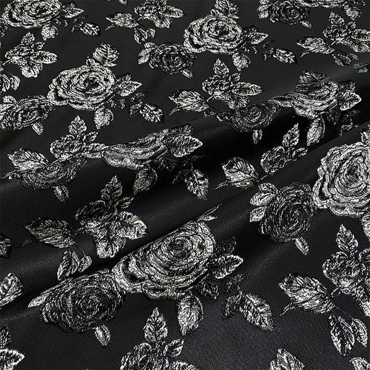 Black Jacquard Fabric: Embossed Peony Flower Design, 55" Wide