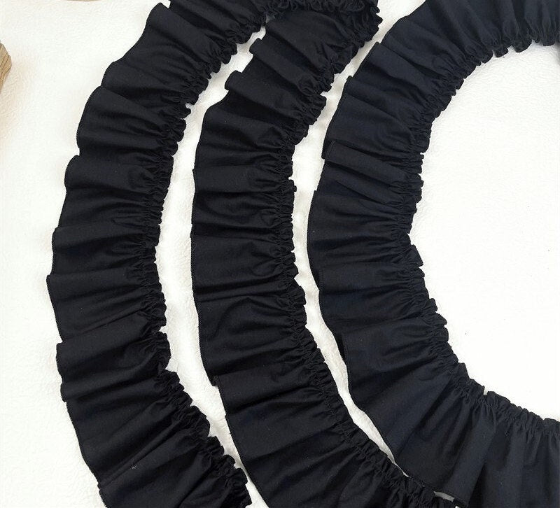 Black Cotton Ruffle Fabric Trim: DIY Doll Clothing, Decor - 3" Width