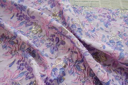Gold Thread Floral Jacquard Fabric: Pink Purple 3D Designer Fabric, 55"W