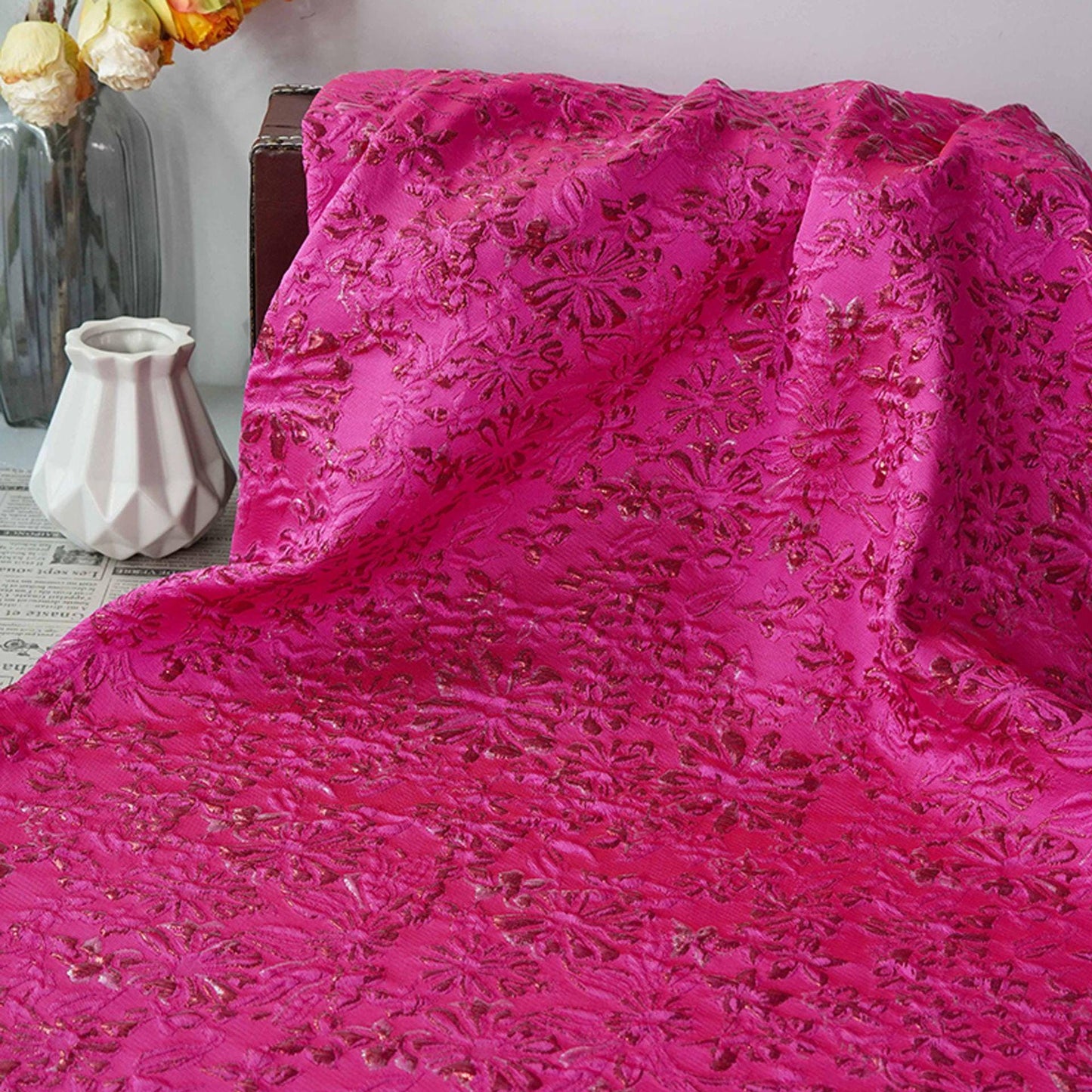 Rose Red Floral Jacquard Fabric ��� Embossed Gold Home D��cor T" Wide