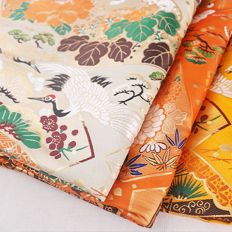 Japanese Crane Jacquard Satin Fabric: Pale Gold Bird Print, 29.5"W