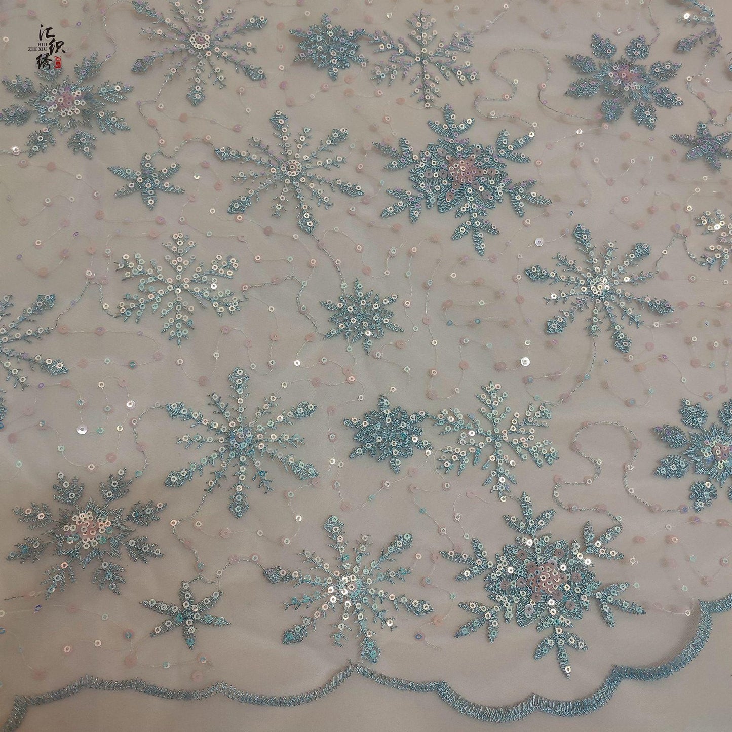 Sequin Snowflake Embroidery Lace Fabric: Bridal Wedding Dress, Gown (50"W)