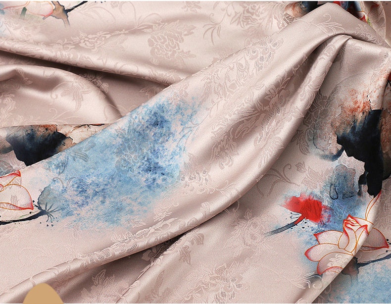 Lotus Tea Satin Fabric: Digital Print Sewing Material, 59"W