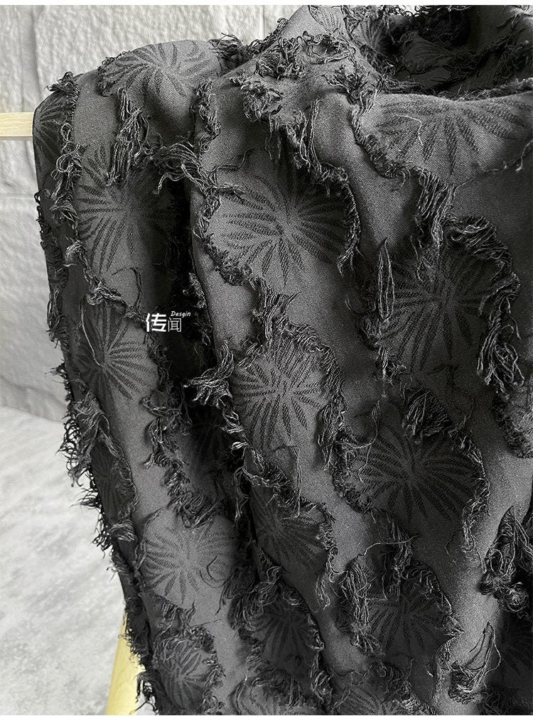 Black Jacquard Tassel Fabric: Cotton Linen Blend, 57" Wide