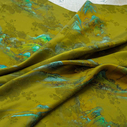 Ancient Landscape Painting Rayon Fabric: Upholstery, Costume, Scarf (55"W)