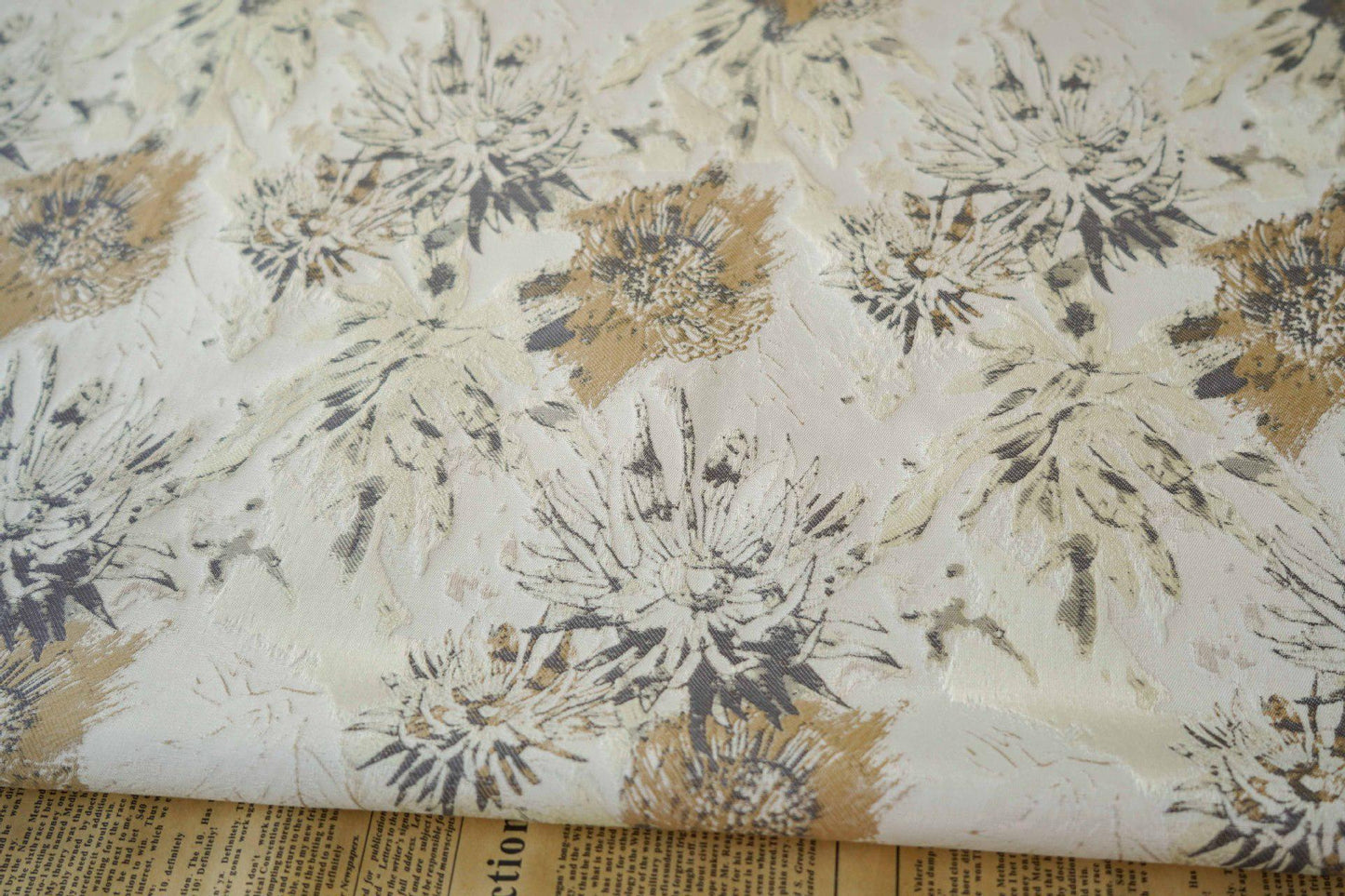 Floral Jacquard Woven Fabric: Gold Thread Embossed Upholstery, Sewing DIY - 60"W