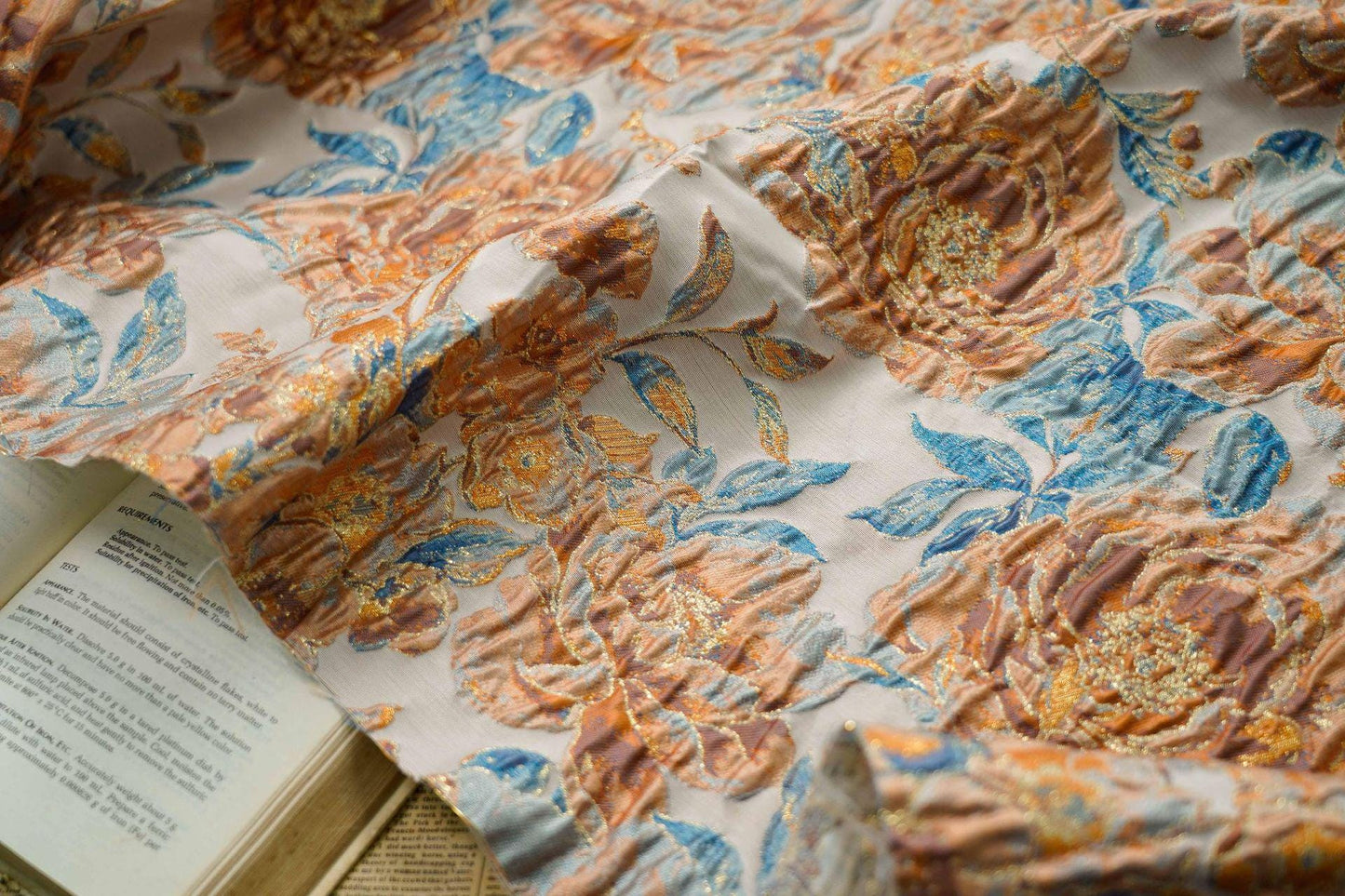 Gold Thread Floral Jacquard Fabric: 3D Oil Painting Texture, 55"W