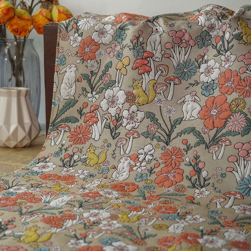 Rabbit & Mushroom Jacquard Fabric: Embossed Upholstery, 57"W