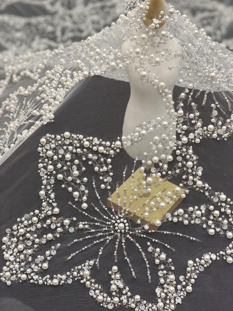 Pearl & Sequin Embroidered Fabric ��� 4/6/8mm Beads, Luxury Bridal Gown Material, Wedding Dress, Couture Sewing, High-End Fashion Fabr"W