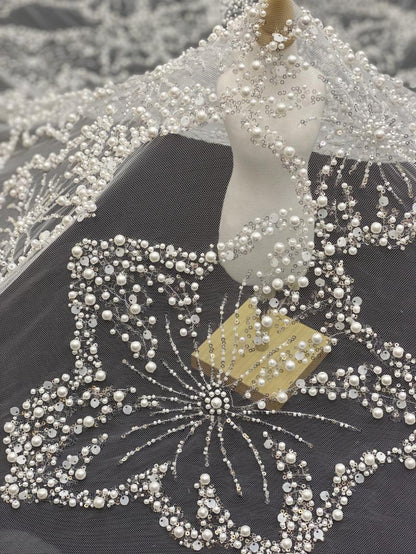 Pearl & Sequin Embroidered Fabric ��� 4/6/8mm Beads, Luxury Bridal Gown Material, Wedding Dress, Couture Sewing, High-End Fashion Fabr"W