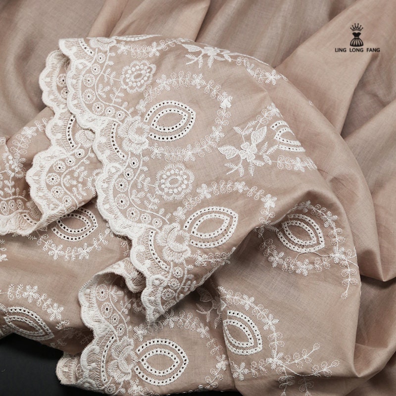 Floral Embroidery Cotton Fabric: Bilateral Lace Edge, 50" Wide