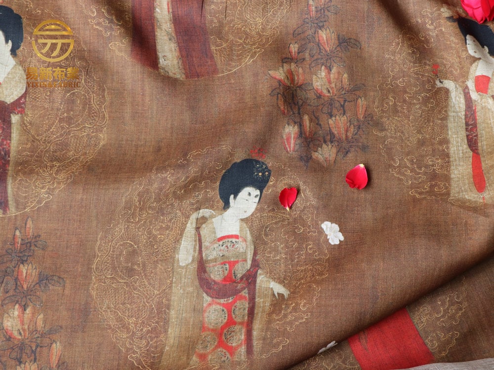 Tang Dynasty Linen Fabric: Ladies with Hairpins Print, 55" Wide