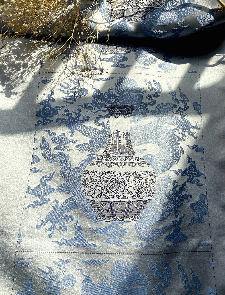 Blue Dragon Jacquard Fabric: Rayon Cheongsam Hanfu Material (26x26cm)