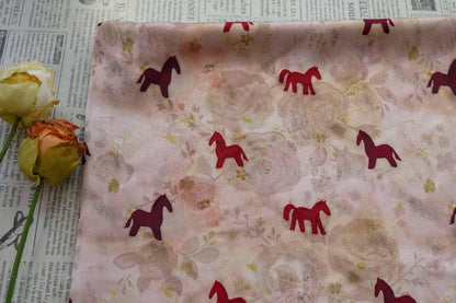 Horse Print Satin Fabric ��� Chinese Style Rose Dec"W