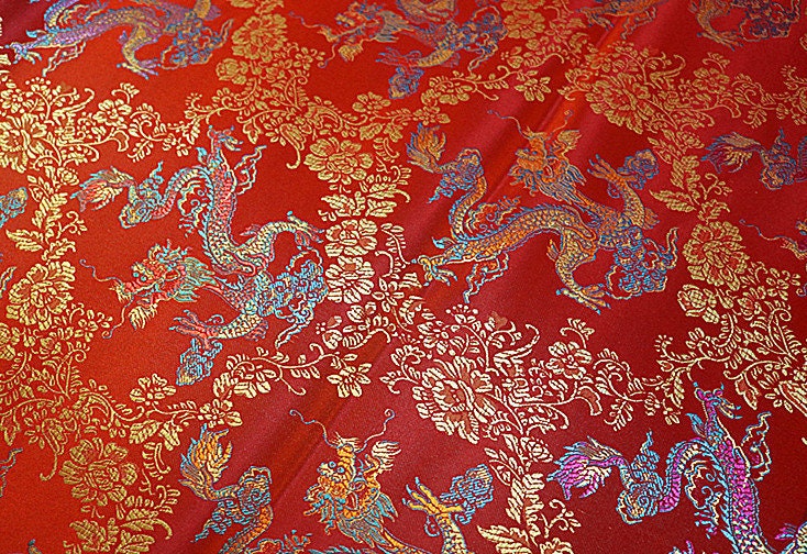 Dragon Brocade Fabric: Colorful Jacquard Satin, Home Decor (35"W)