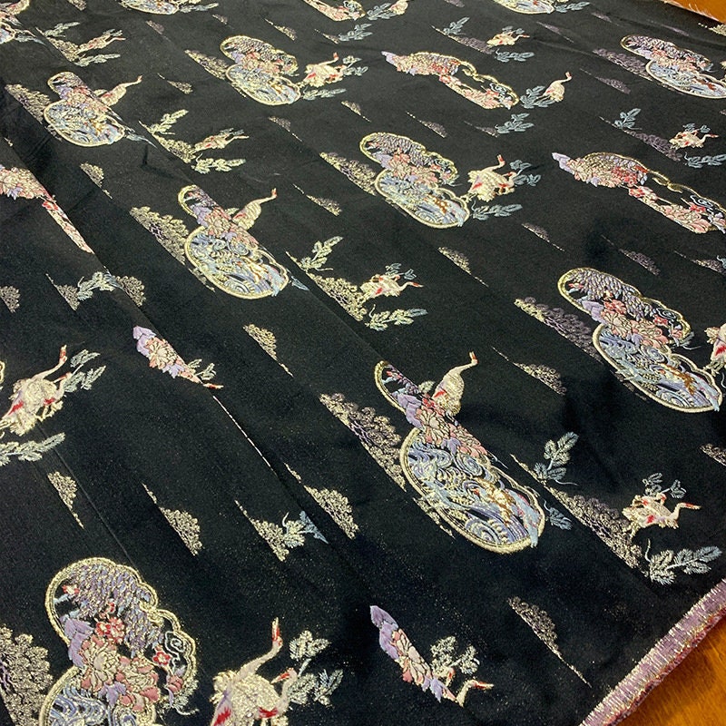 Black Crane Brocade Fabric with Gold Thread - 57"W Rayon Jacquard