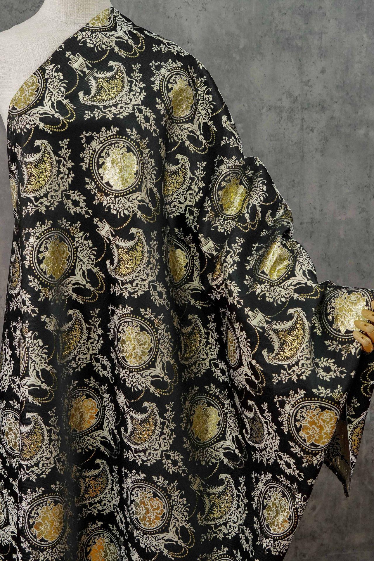Black Gold Floral Jacquard Fabric: European Court Style Upholstery, Dresses, Decor (57" Wide, Meter)