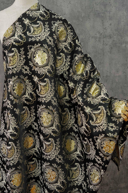 Black Gold Floral Jacquard Fabric: European Court Style Upholstery, Dresses, Decor (57" Wide, Meter)