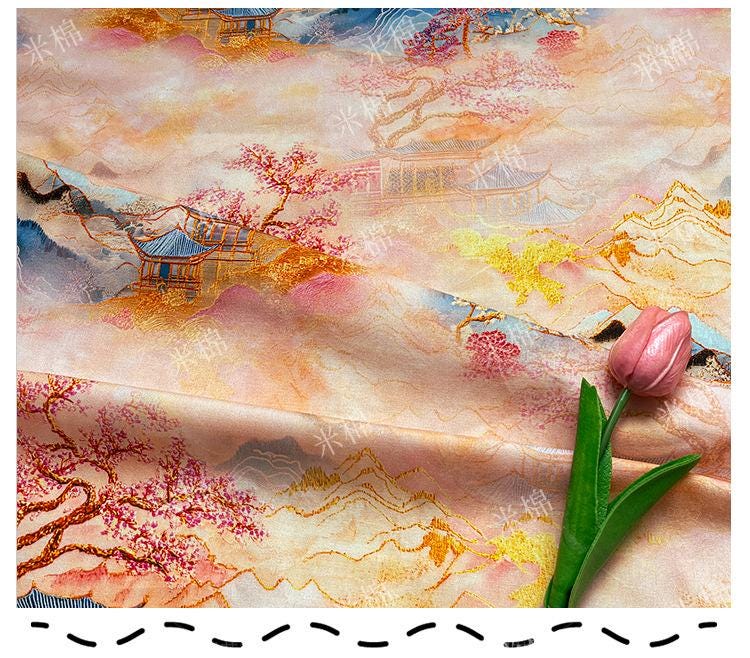 Oriental Landscape Cotton Fabric: Fairy Mountain Palace Print, Quilting Material (55"W)