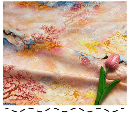 Oriental Landscape Cotton Fabric: Fairy Mountain Palace Print, Quilting Material (55"W)