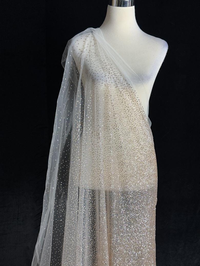 Gold Foil Lace Fabric - Nude Pink Gradient Tulle Mesh (59" Wide)