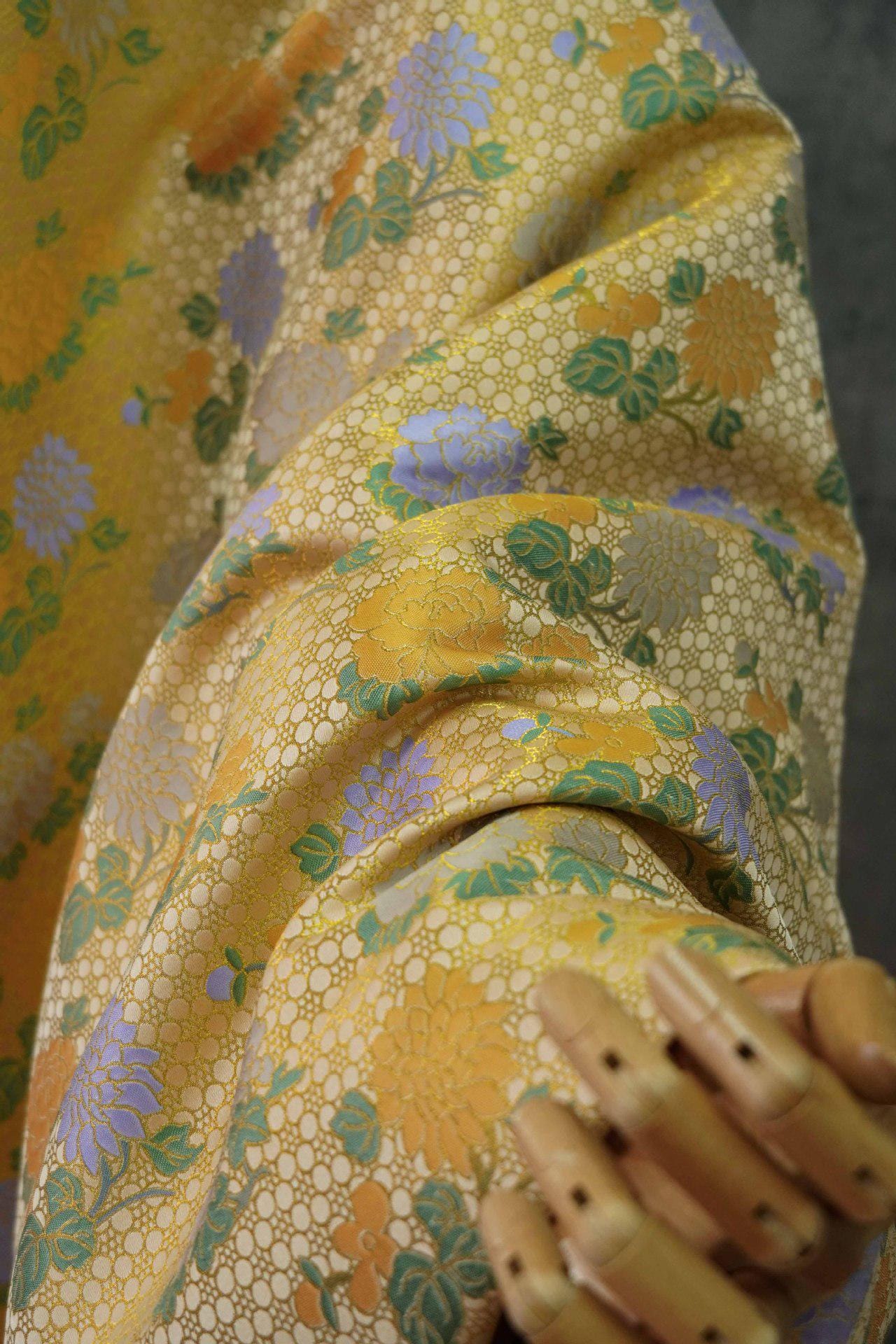 Japanese Kirin Nishijin Brocade Fabric: Yellow Floral Silk, 60" Wide