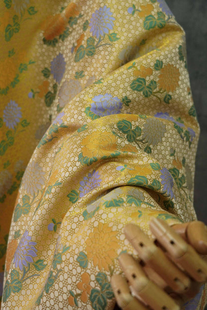 Japanese Kirin Nishijin Brocade Fabric: Yellow Floral Silk, 60" Wide