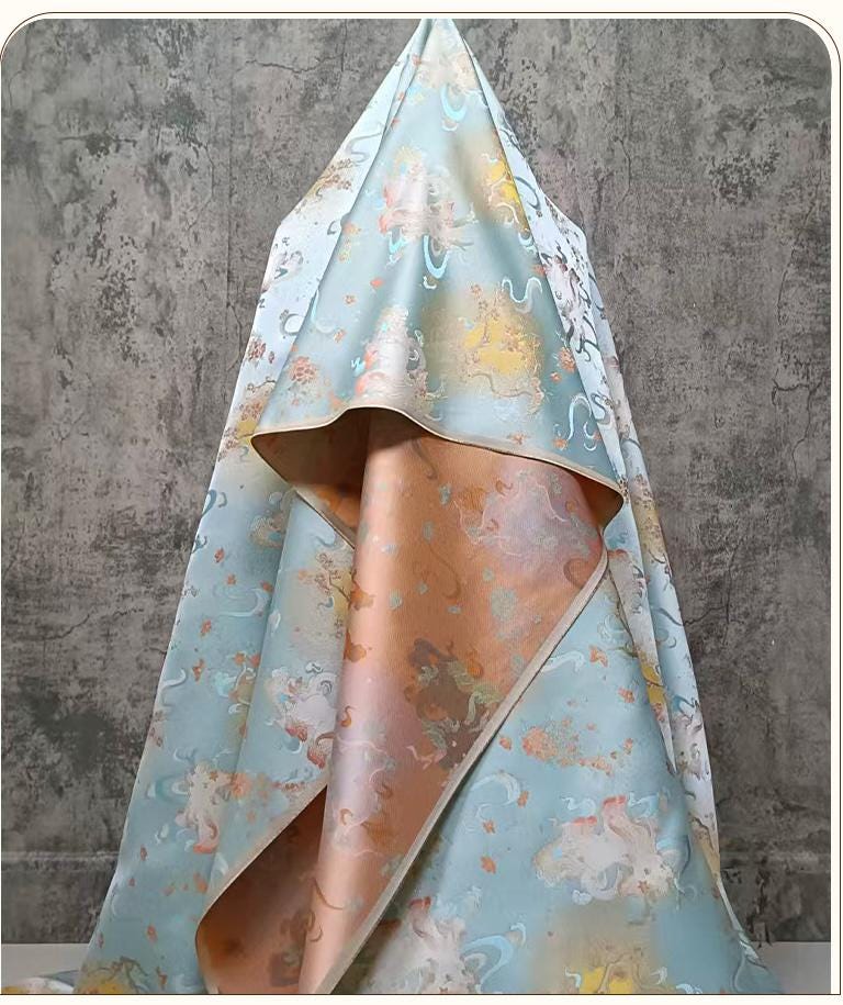Color���Woven Jacquard Brocade Fabric with Gold Thread ��� Auspicious White & Multicolor" Wide