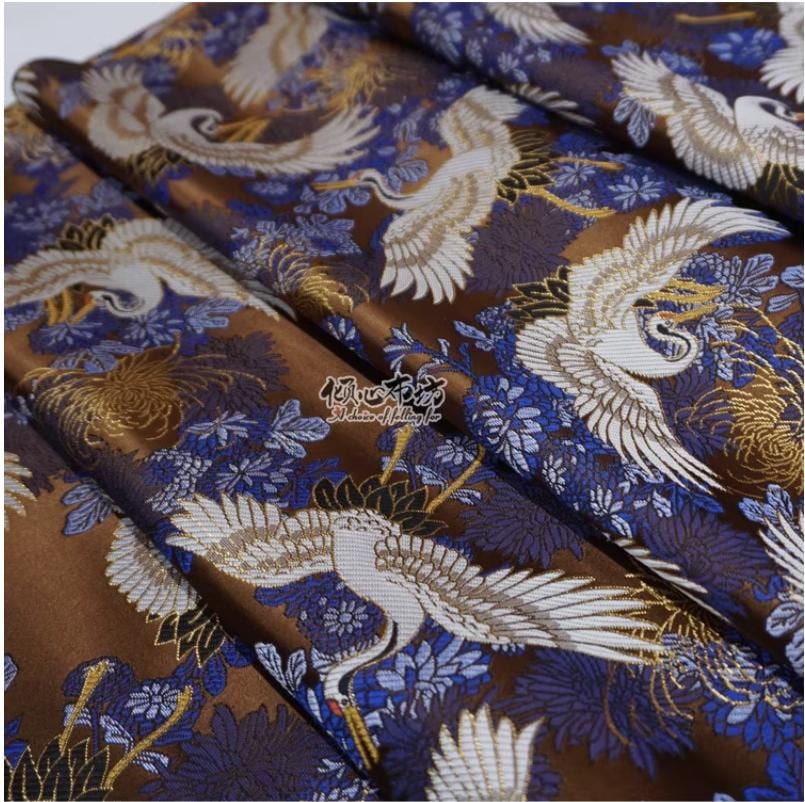 Crane Jacquard Satin Fabric: Japanese Brocade, Silver Grey, 29.5"W