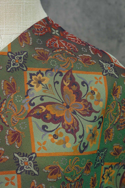 Butterfly Floral Jacquard Fabric: Ethnic Green Iridescent Sewing Material (59"W, By The Meter)
