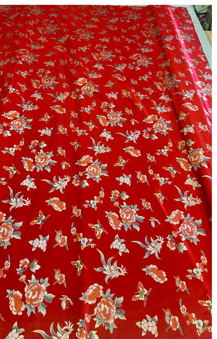 Red Phoenix Brocade Fabric: Floral Jacquard Satin, 58"W