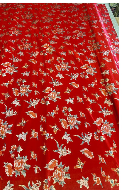 Red Phoenix Brocade Fabric: Floral Jacquard Satin, 58"W