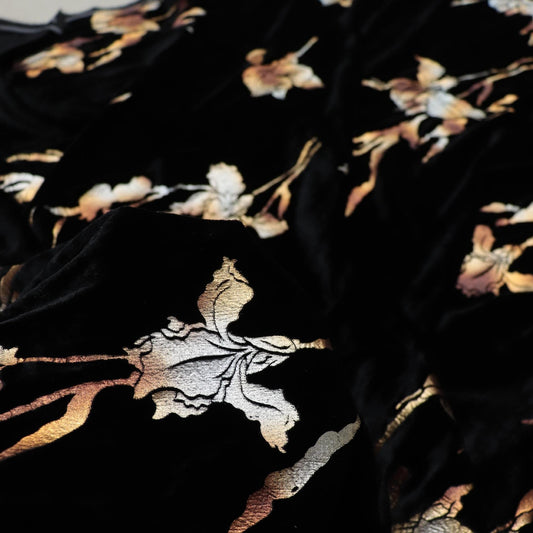 Tissu velours noir : imprimé floral doré, 140 cm de large