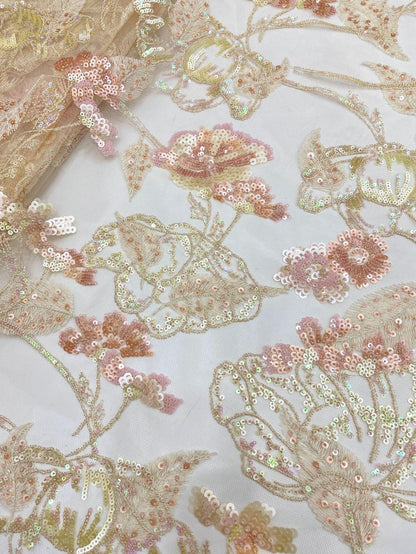Colorful Sequin Embroidered Mesh Lace Fabric, Floral Wedding Dress Material, 49"W