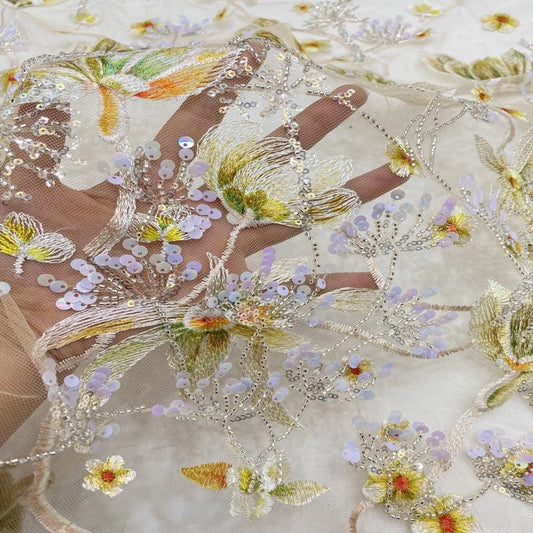 Sequin Floral Embroidery Lace Fabric, 50"W Wedding Dress Material