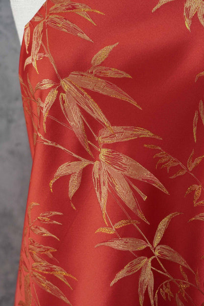 Red Brocade Fabric ��� Golden Bamboo Leaves Jacqua" Wide