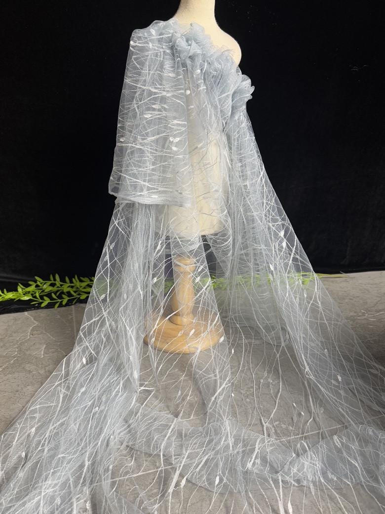 Embroidered Sequin Lace Fabric: Light Blue-Gray Tulle, 59" Wide