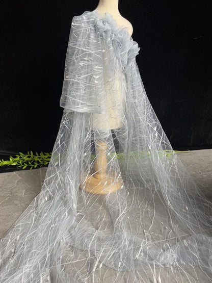 Embroidered Sequin Lace Fabric: Light Blue-Gray Tulle, 59" Wide