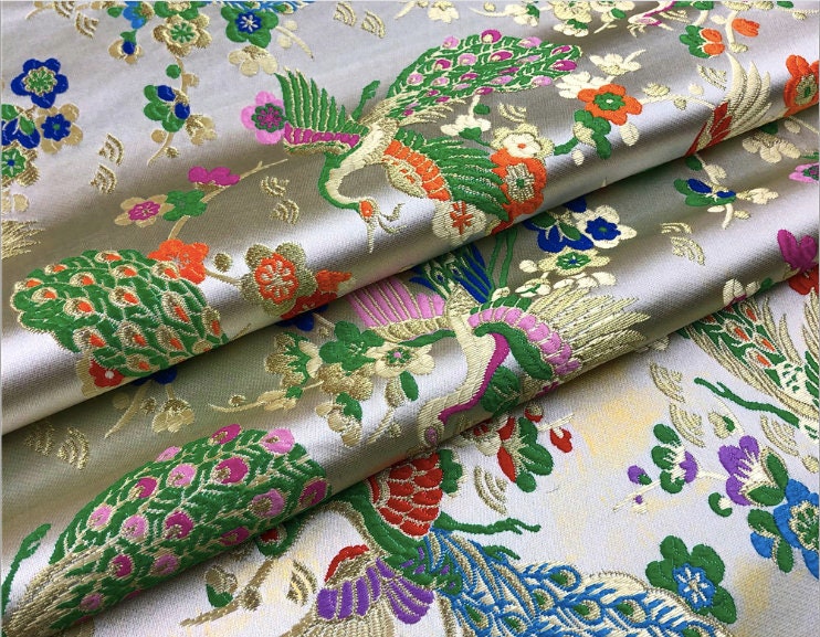Peacock Floral Brocade Fabric: Chinese Silk Rayon Blend, 29"W