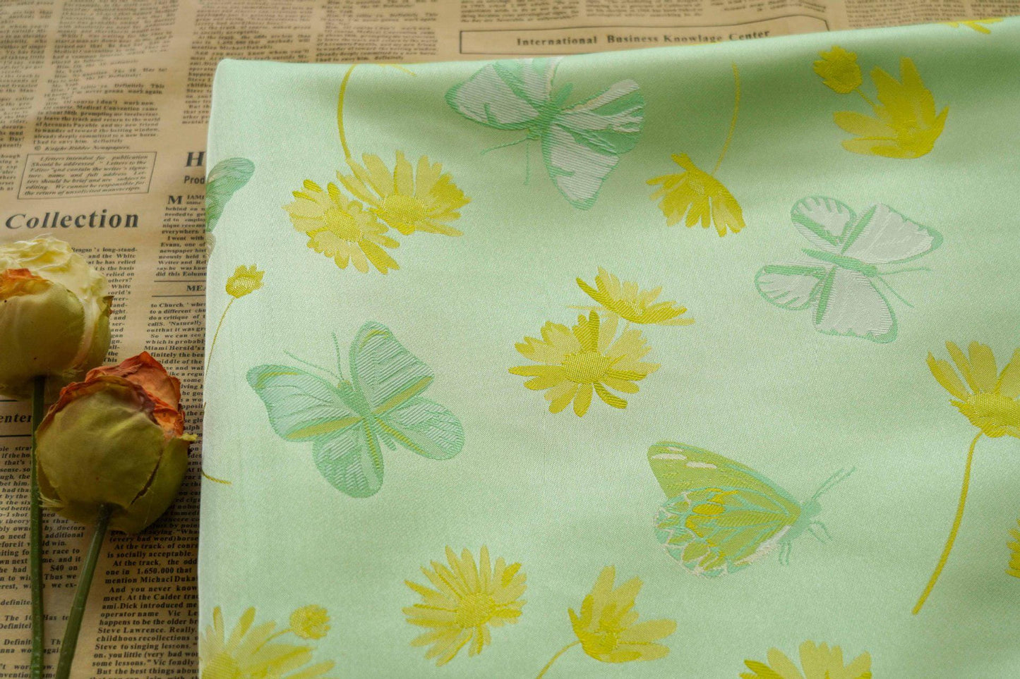 Butterfly Nishijin Fabric: Grass Green Upholstery, Costume, & DIY - 59"W